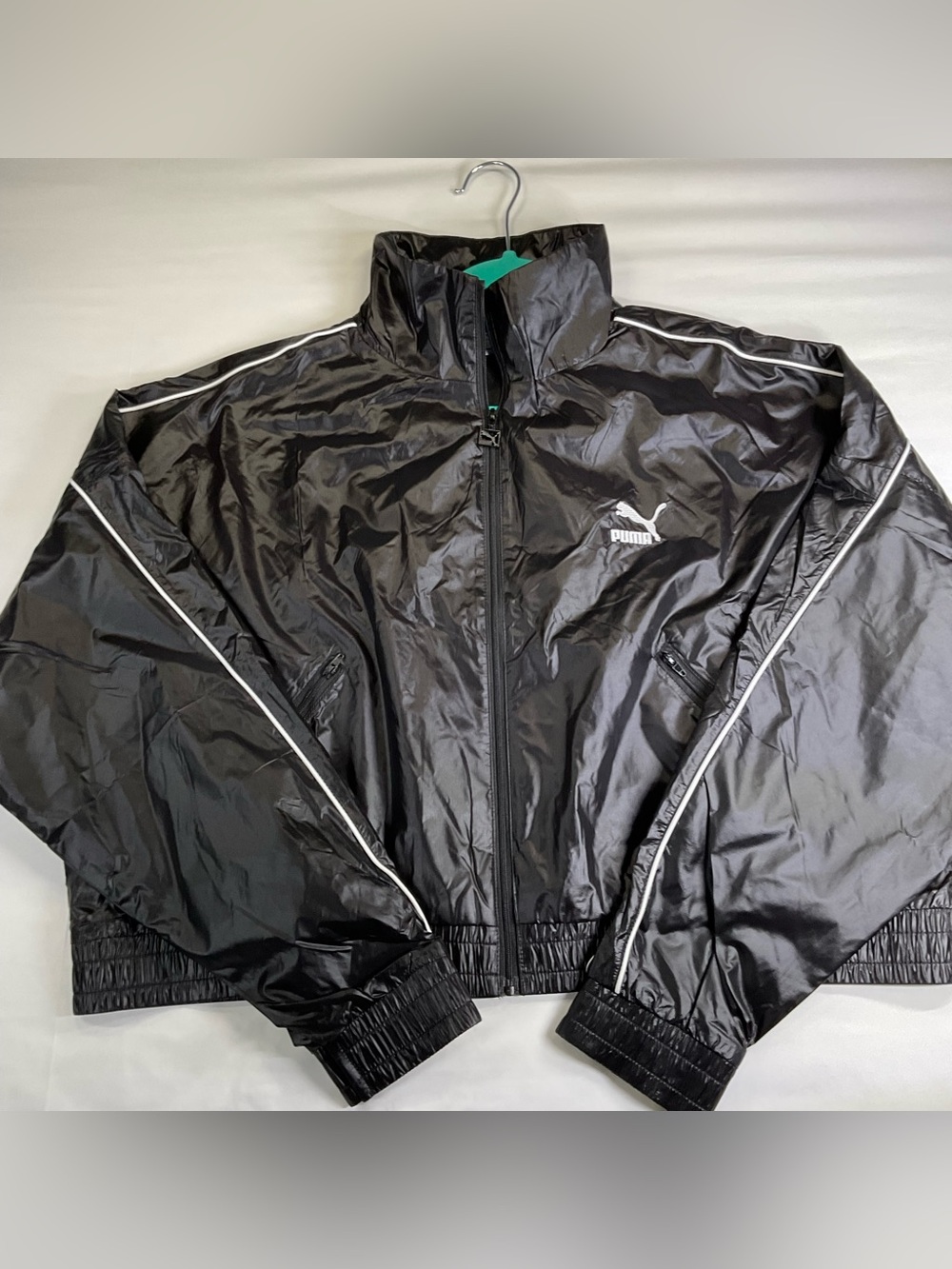 Puma Black Shiny Windbreaker Track Jacket Full Zip Reflective XL